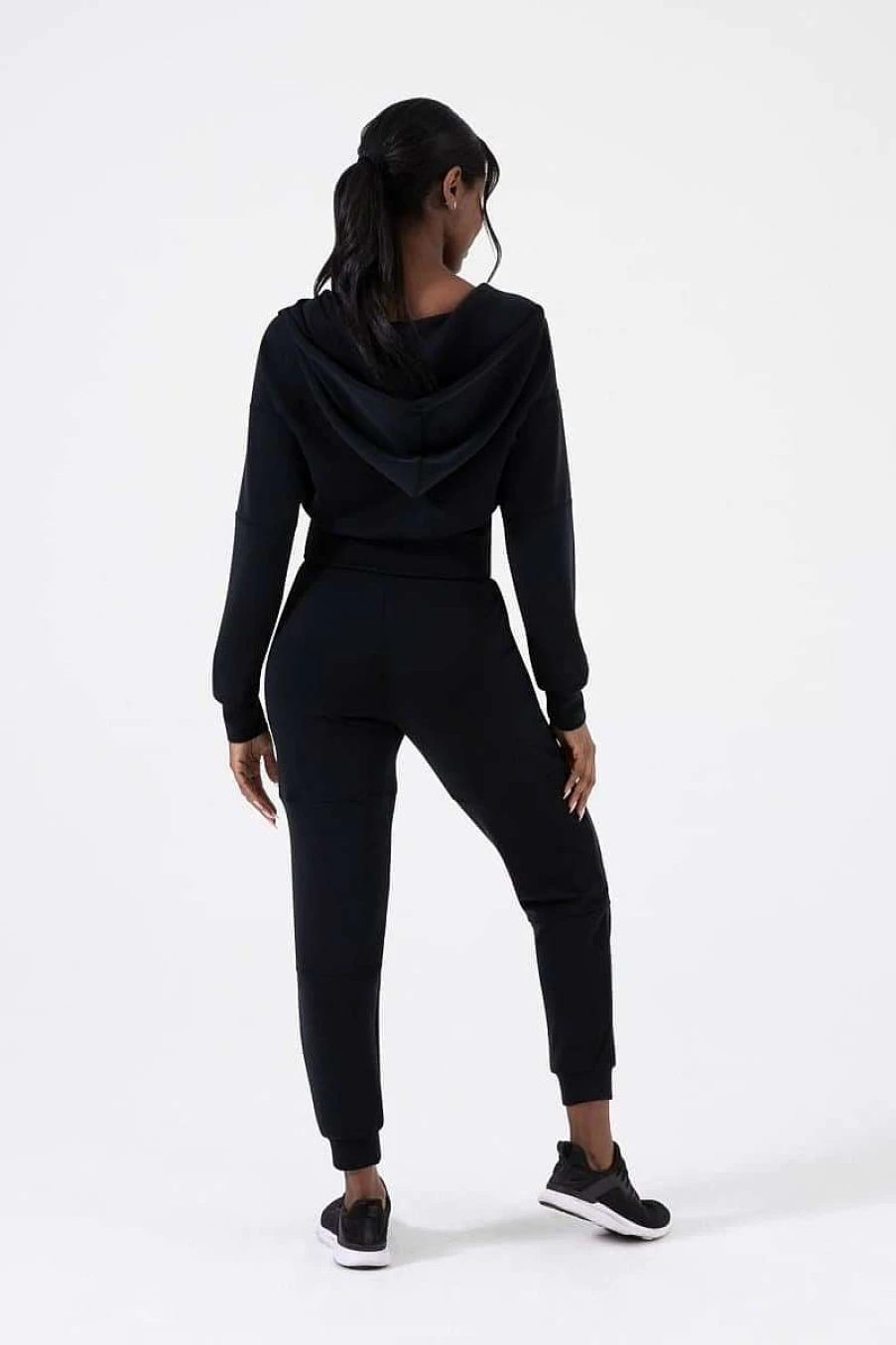NUX Women's Black Sleek Fabric Zip Up Hoodie - Stylish & Comfortable Outerwear