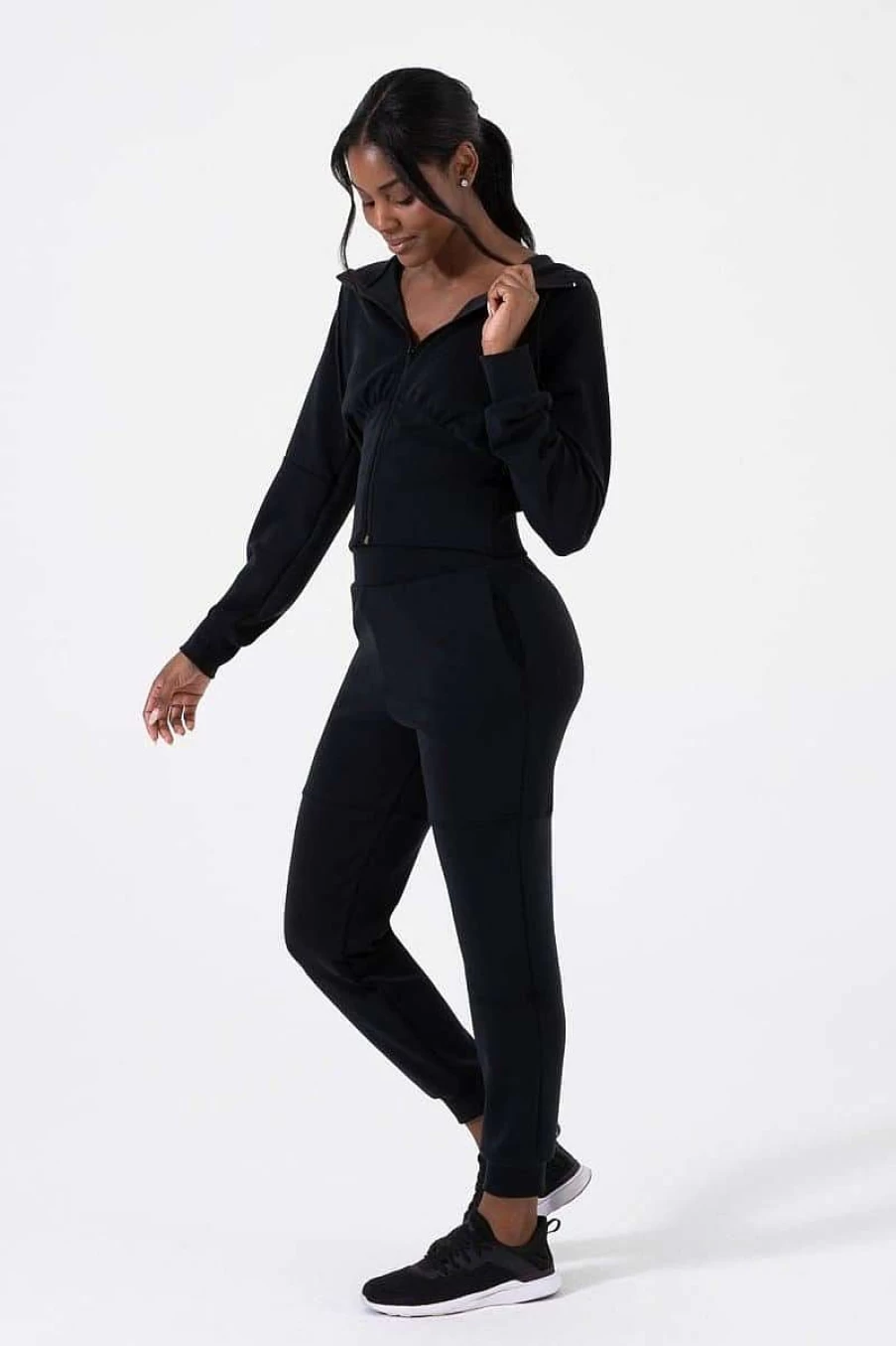 NUX Women's Black Sleek Fabric Zip Up Jacket